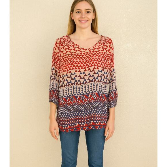 Lucky Brand top blouse Boho print triangle pattern top 3/4 sleeve tribal SZ 1X - Picture 2 of 8